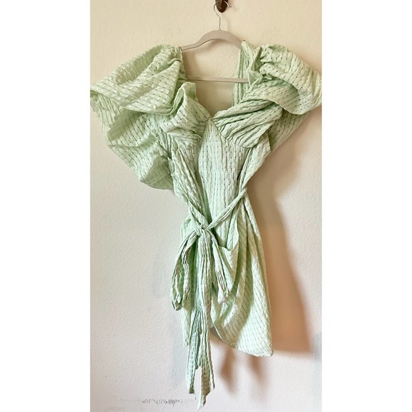 ASOS LUXE Curve Bubble Bardot Wrap Mini Dress in Green Gingham - Picture 10 of 10